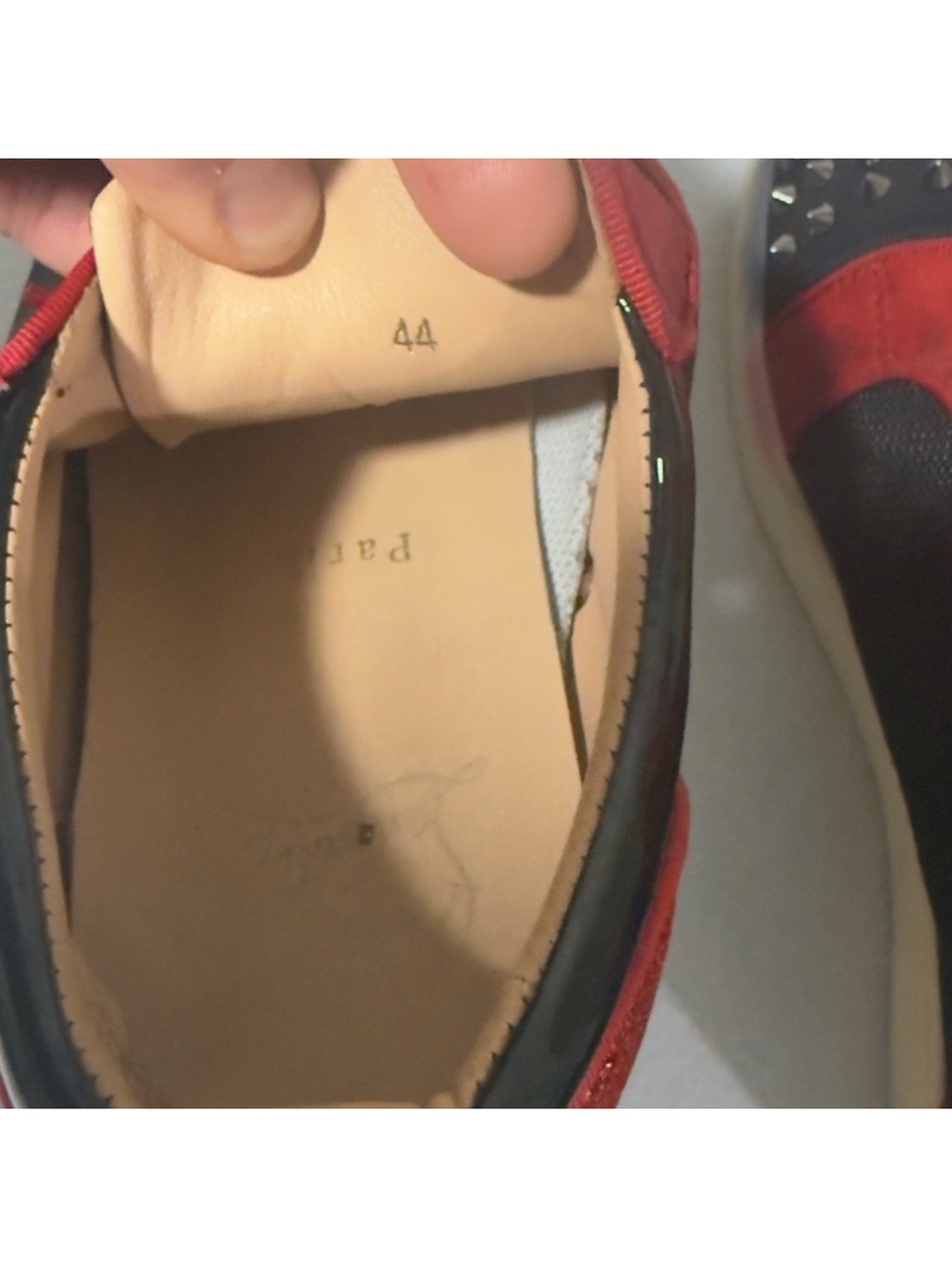 Christian Louboutin Black and Red Spiked Low-Top Sneakers - Picture 3 of 6